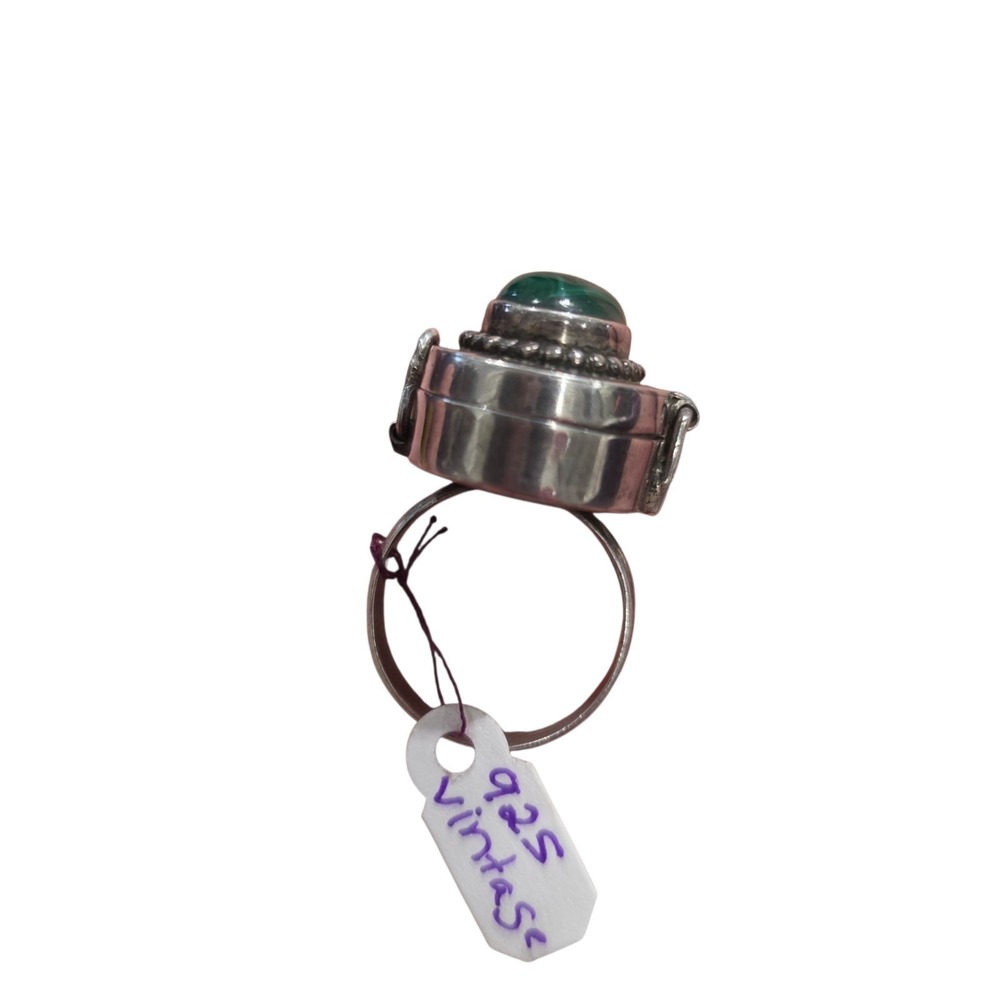 Vintage Green Malachite Sterling Silver Poison Ring Pillbox Sz 9.5 MP1